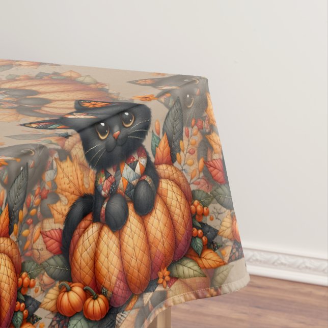 Black Cat on Pumpkin with Autumn Quilt Pattern Tablecloth (In Situ)