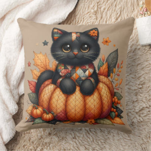 Black Cat on Pumpkin with Autumn Quilt Pattern Throw Pillow
