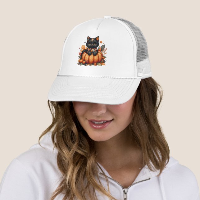 Black Cat on Pumpkin with Autumn Quilt Pattern Trucker Hat (In Situ)