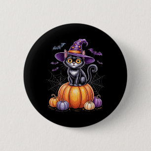 Black Cat On Pumpkin With Witch Hat Halloween 2 Inch Round Button