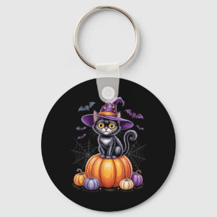 Black Cat On Pumpkin With Witch Hat Halloween Keychain