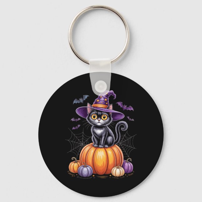 Black Cat On Pumpkin With Witch Hat Halloween Keychain (Front)