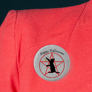 Black Cat on Red Pentagram Grey Happy Halloween 2 Inch Round Button