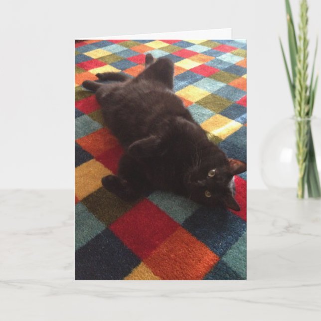 Black Cat on Rug Birthday Card (Front)