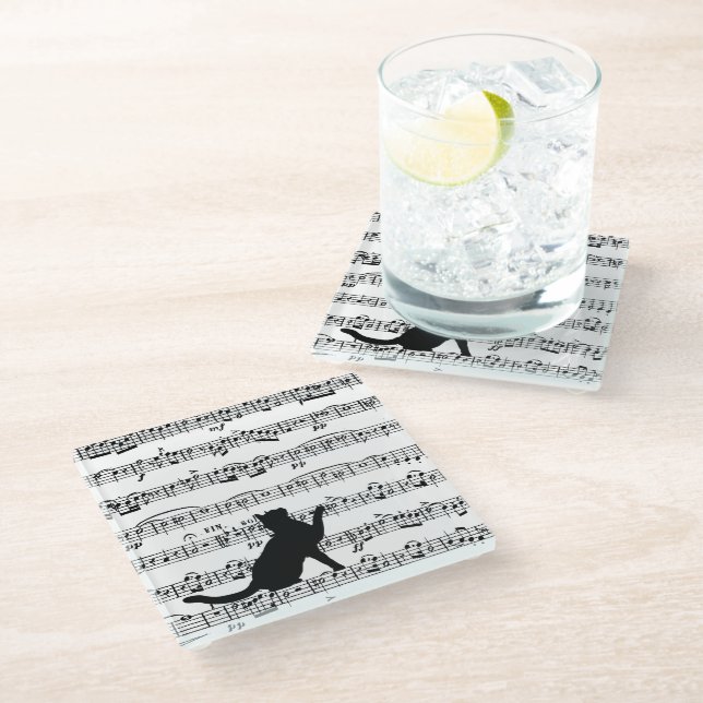 Black Cat On Sheet Music  Glass Coaster (Angled)