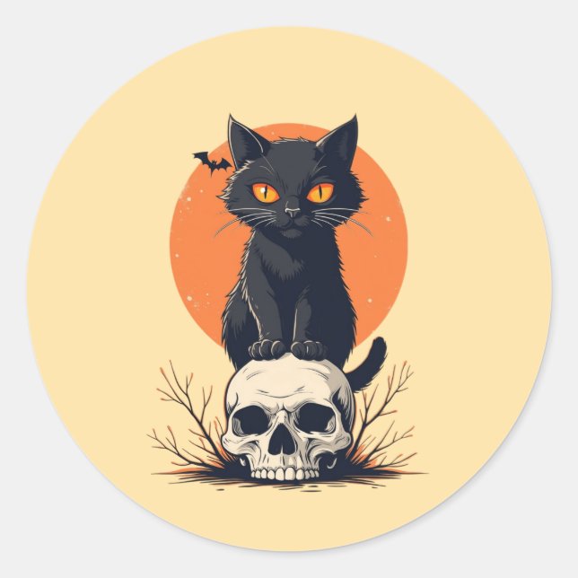 Black Cat on Skull Halloween Classic Round Sticker (Front)