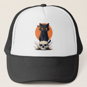 Black Cat on Skull Halloween Trucker Hat