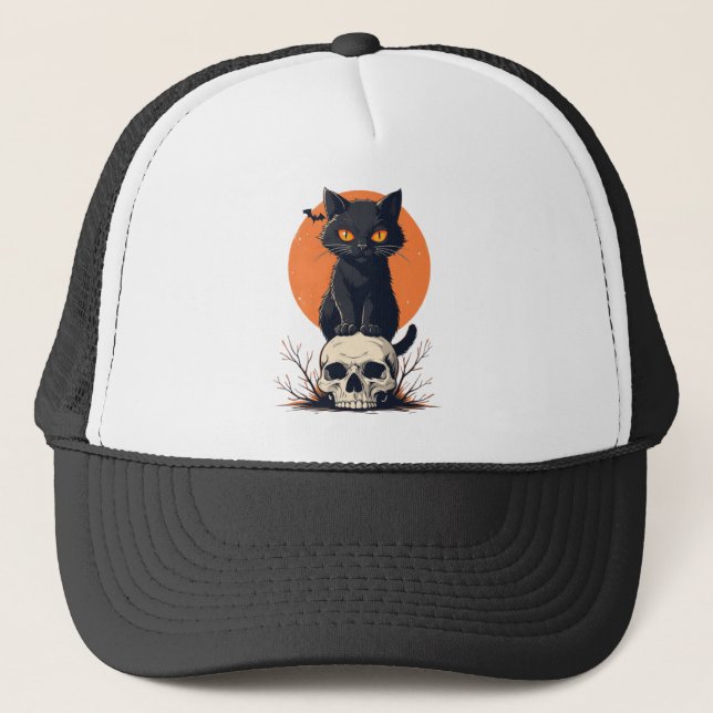 Black Cat on Skull Halloween Trucker Hat (Front)
