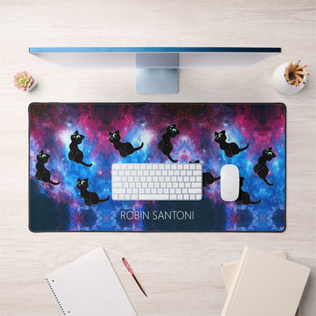 Black Cat on Space w/ Custom Name Desk Mat (Office 1)