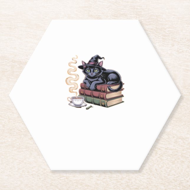 Black Cat on Spell Books Classic T-Shirt Paper Coaster (Front)