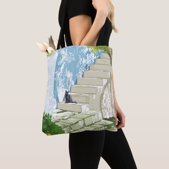 Black cat on the steps Poster, Greece Santorini Tote Bag (Close Up)