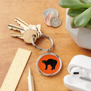 Black Cat on Vibrant Orange Keychain