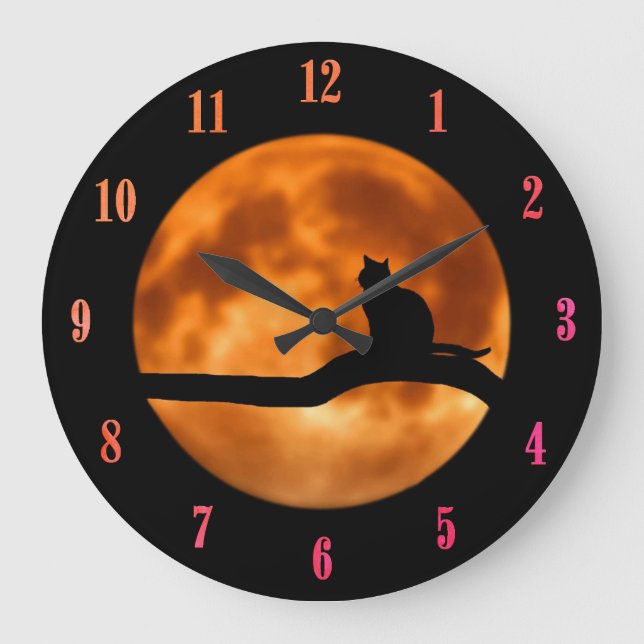 Black Cat Orange Moon Large Clock (Front)