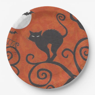 black cat orange paper plate