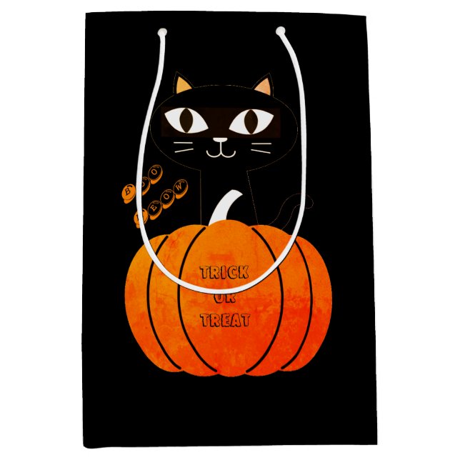 Black Cat Orange Pumpkin Trick Or Treat Halloween Medium Gift Bag (Front)