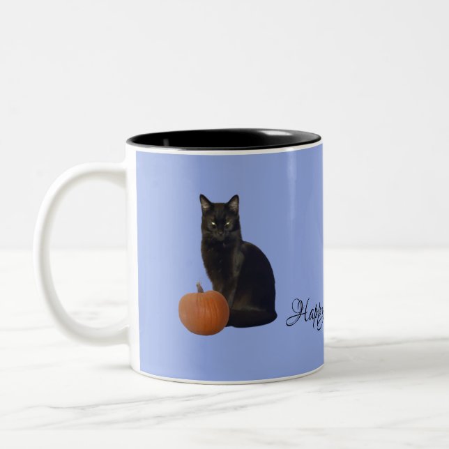 Black Cat Orange Pumpkins Happy Halloween on Blue Two-Tone Coffee Mug (Left)