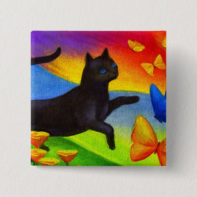 Black Cat Painting Butterflies Art - Multi 2 Inch Square Button (Front)