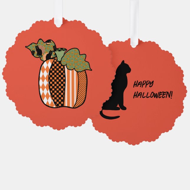Black Cat Patchwork Pumpkin Happy Halloween Cute Ornament Card (Front/Back)
