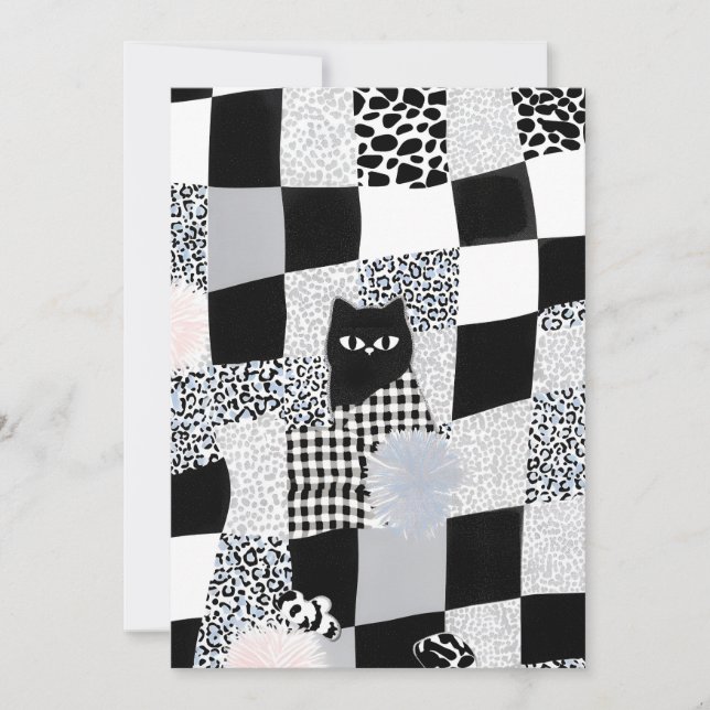Black Cat Pattern Gingham Mixed Checkered Cheetah  Invitation (Front)