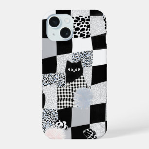 Black Cat Pattern Gingham Mixed Checkered Cheetah  iPhone 15 Case