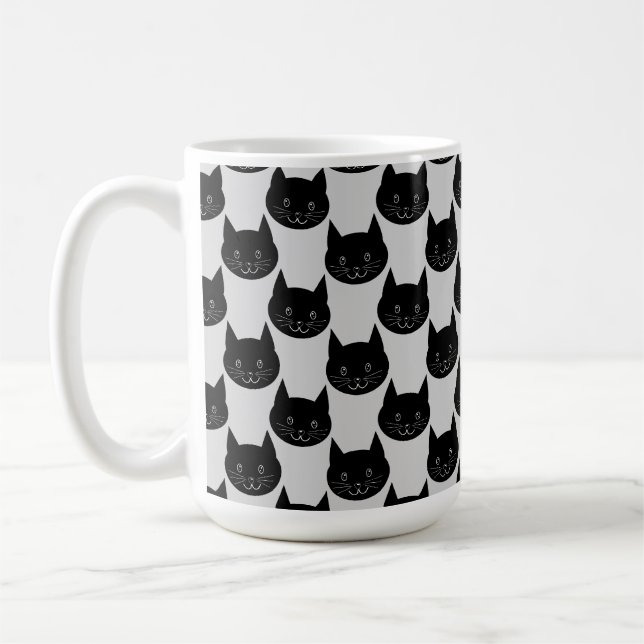 Black Cat Pattern on Light Grey. Coffee Mug (Left)