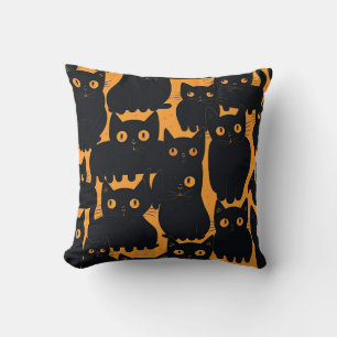 Black Cat Pattern Yellow Halloween Decor Throw Pillow