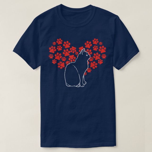 Black Cat Paw Heart Cute Animal Lover Valentines D T-Shirt (Design Front)