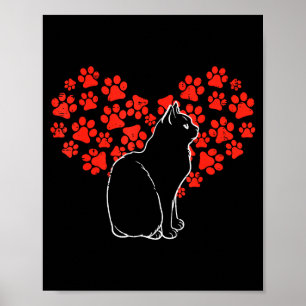Black Cat Paw Heart Cute Valentines Day Animal Lov Poster