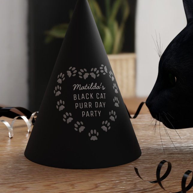 Black Cat Paw Print Heart Birthday Party Hat (Purrfect party hats for your black cat (and you))