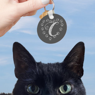 Black Cat Paw Print Heart Monogram Keychain