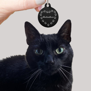 Black Cat Paw Print Heart Name Address Pet ID Tag