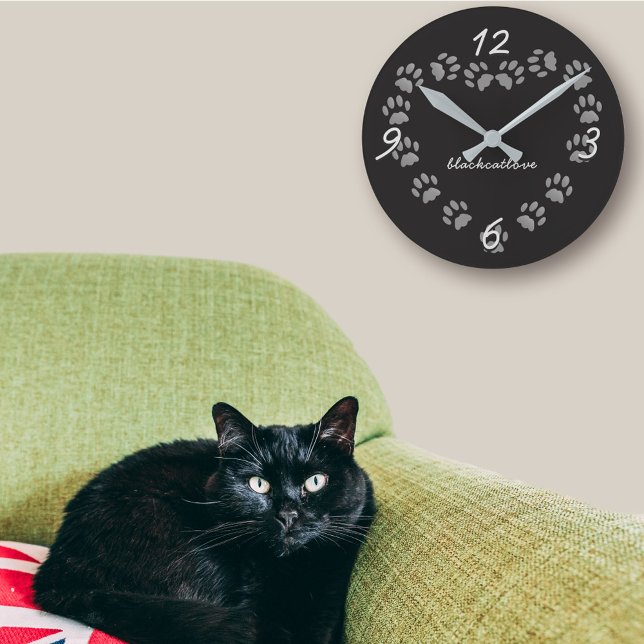 Black Cat Paw Print Heart Personalized Wall Clock (If you love black cats, you can add your cat's name or your own to this cute paw print heart clock)