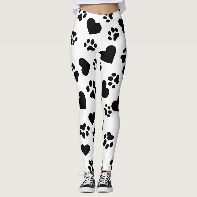 Black Cat Paw Print & Hearts Pattern Leggings (Front)