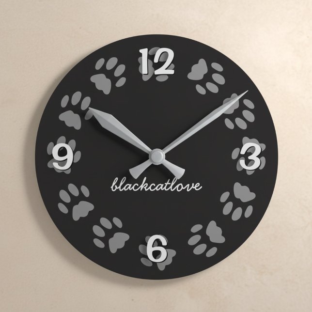 Black Cat Paw Print Personalized Wall Clock (A black cat paw print wall clock with your best friend's name. )