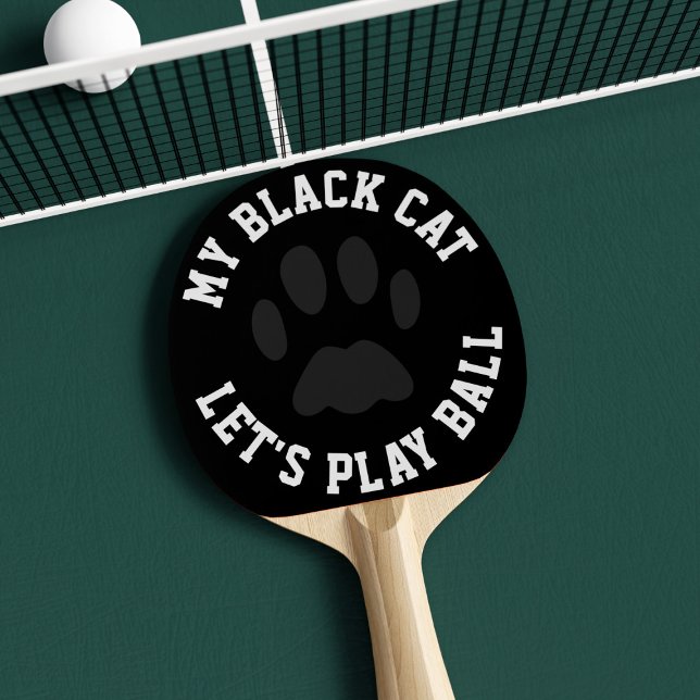 Black Cat Paw Print Ping Pong Paddle (Let's play ball! Perfect ping pong paddle with space for your cat's name)