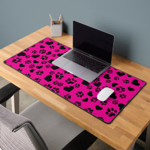 Black Cat Paw Prints & Hearts Pattern Pink Desk Mat