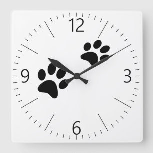 Black cat paw prints on white square wall clock