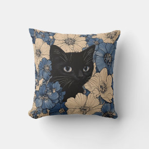 Black Cat Peeking Through Blue & Cream Flowers Throw Pillow