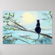 black cat perched in tree water colour art