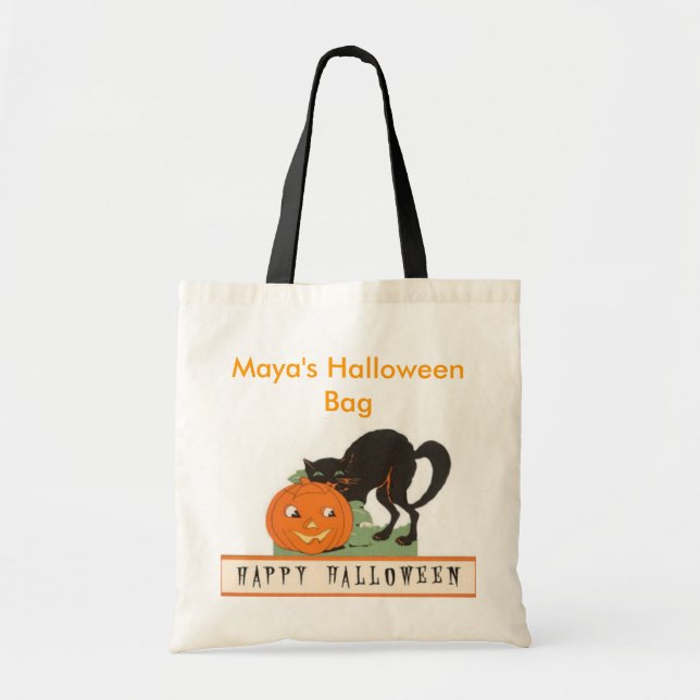 Black Cat Personalized Halloween Ba Tote Bag (Front)
