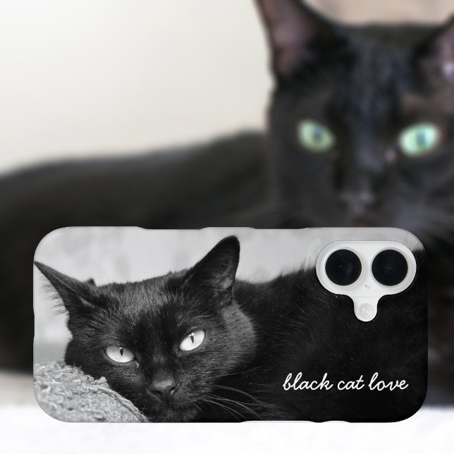 Black Cat Pet Photo Personalized iPhone 16 Case (Add your name and cat photo (or any other pet - we love them all))
