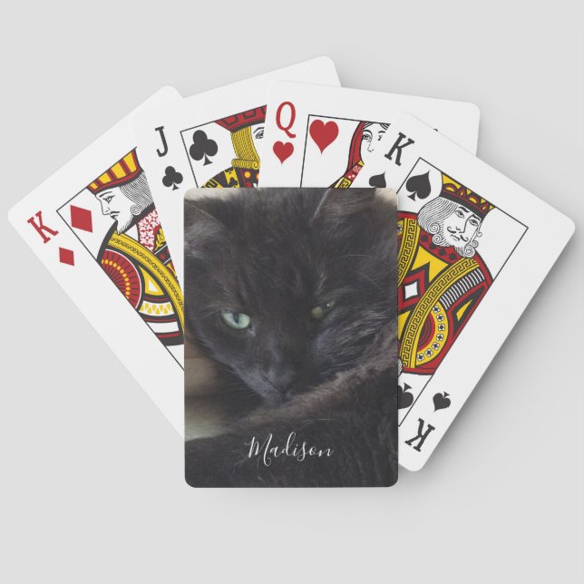 Black Cat Photo Personalized Name Playing Cards (Back)