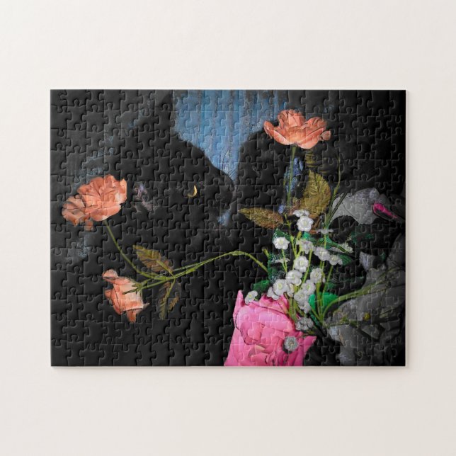 Black Cat Picks A Flower Jigsaw Puzzle (Horizontal)