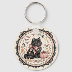 Black Cat Pink Bow Halloween Gothic Pumpkin Coquet Keychain