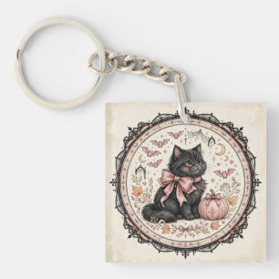 Black Cat Pink Bow Halloween Gothic Pumpkin Coquet Keychain