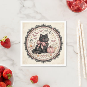 Black Cat Pink Bow Halloween Gothic Pumpkin Coquet Napkin