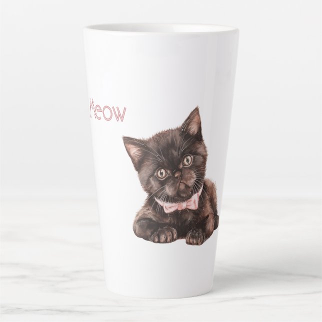 Black Cat Pink Bow Latte Mug (Front)
