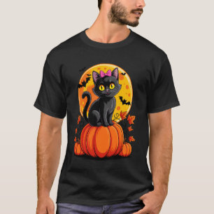 Black Cat Pink Bow Pumpkin Halloween Costume Fall T-Shirt