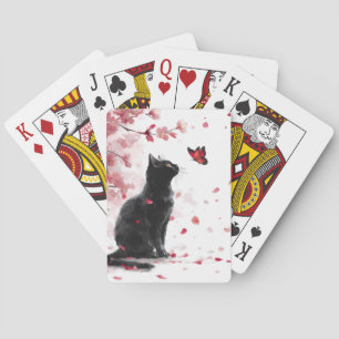 Black Cat - Pink Cherry Blossoms with Butterfly Playing Cards