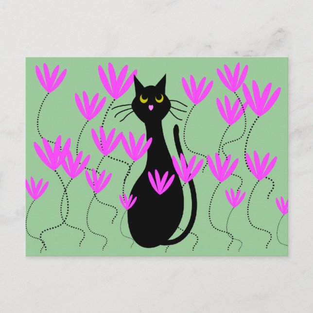 Black Cat Pink Flowers Cards (Front)